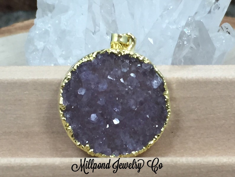 Round Cluster Pendant Agate Druzy Pendant PG0937I Round Druzy Pendant 18K Gold Natural Purple