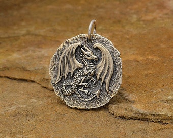 Sterling Silver Ancient Dragon Coin Charm, Dragon Pendant, Dragon Charm, Fantasy Charm, Charm, Mystical Charm, Mythical Charm