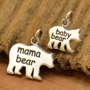 Baby and Mama Bear Charm Set, Baby Bear, Mama Bear, Bear Pendant, Sterling Silver Charm, California Bear Charm