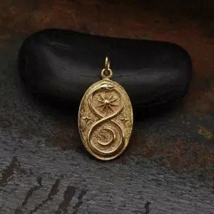 Bronze Infinity Snake Pendant with Sun and Moon, Sun and Moon Charm, Snake Charm, Natural Bronze Snake Oval Disk, Reptile Charm