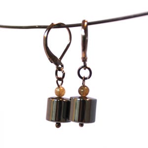 May include: A pair of silver earrings with a black cylindrical bead and a small gold bead on each earring.