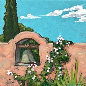 May include: A painting of a bell in a stone archway with pink flowers and green foliage in the foreground. The background is a blue sky with white clouds.