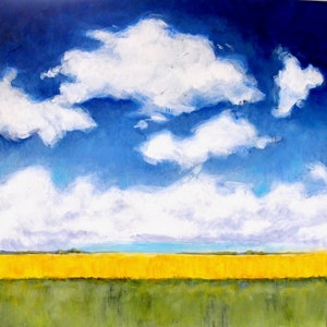 May include: A painting of a landscape with a bright yellow field in the foreground, a blue sky with white clouds, and a thin blue line representing a distant horizon.