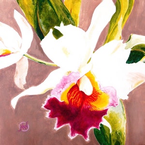 May include: A close-up of a white orchid with a pink and yellow center. The orchid is painted in a realistic style with visible brushstrokes. The background is a muted brown color.
