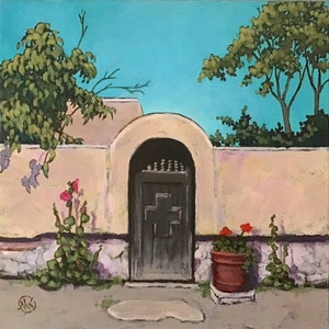May include: A painting of a terracotta-colored adobe wall with a dark wooden door. The door has a cross-shaped design and is set in an arched doorway. There are green plants and red flowers in terracotta pots on either side of the door.