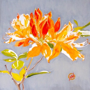 May include: A painting of a bright orange and yellow flower with white accents. The flower is painted on a light gray background.