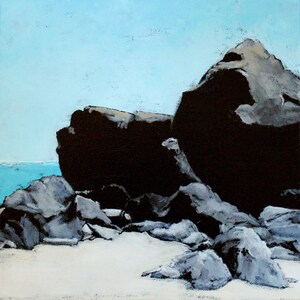 May include: A painting of a rocky beach scene with dark gray rocks and a light blue sky. The rocks are arranged in a cluster, with a large rock in the background.
