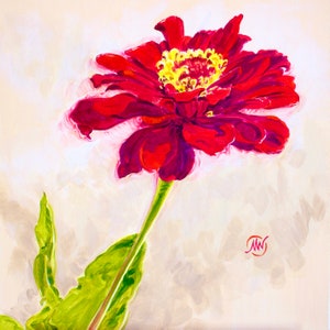 May include: A single red zinnia flower with a yellow center, painted in a realistic style. The flower is depicted against a light beige background.
