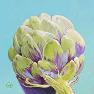 May include: A close-up of a green artichoke painted on a light blue background. The artichoke has a purple hue and is shown in detail.