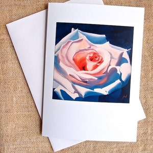 May include: A close-up of a single, light pink rose with a deep pink center. The rose is painted in a realistic style with soft, blended colors. The background is a dark blue.