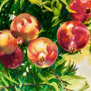 May include: A watercolor painting of pomegranates on a branch with green leaves. The pomegranates are a mix of red, orange, and yellow, with some showing their flower remnants. The leaves are a vibrant green, and the background is a soft yellow.