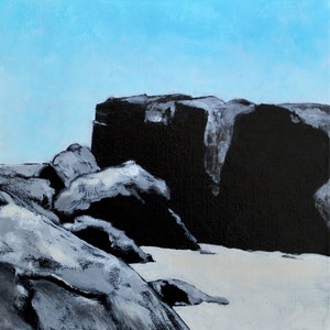 May include: Abstract painting of a rocky landscape with a large black rock in the center. The sky is a light blue color.
