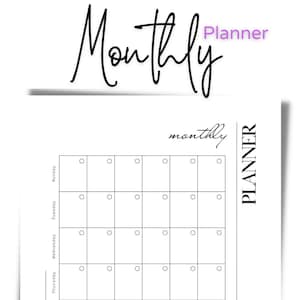 May include: A black and white monthly planner with a simple design. The planner has a grid layout with spaces for each day of the week. The words "Monthly Planner" are written at the top of the page.