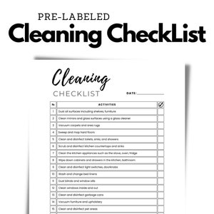 Pode incluir: Uma lista de verificação de limpeza imprimível com um design preto e branco. A lista inclui 20 tarefas de limpeza, como tirar o pó, aspirar e desinfetar. Há uma caixa de seleção ao lado de cada tarefa.