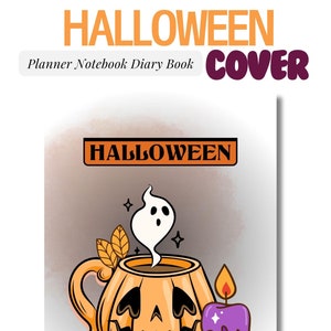 Puede incluir: Portada de cuaderno planificador de Halloween con una taza de calabaza naranja con un fantasma y una vela morada. El texto "HALLOWEEN" está escrito en una pancarta sobre la taza.