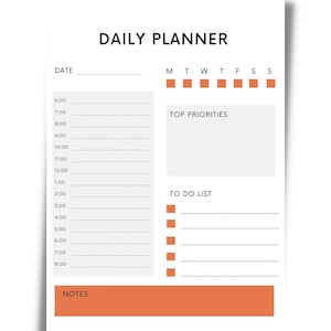 Puede incluir: Un planificador diario imprimible con fondo blanco y acentos naranjas. El planificador incluye secciones para la fecha, las principales prioridades, la lista de tareas pendientes y las notas.