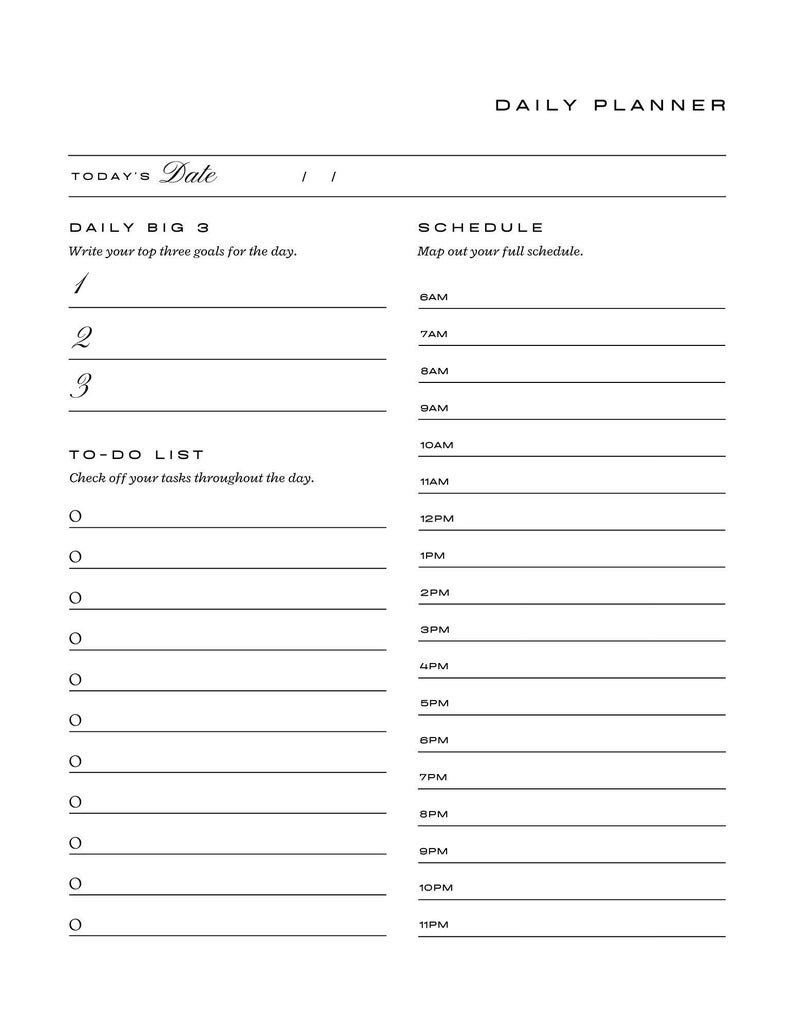 PRINTABLE DAILY PLANNER | Printable Productivity Day Planner | Diary | Diary Insert | Blank Daily Template | Pdf | Organize