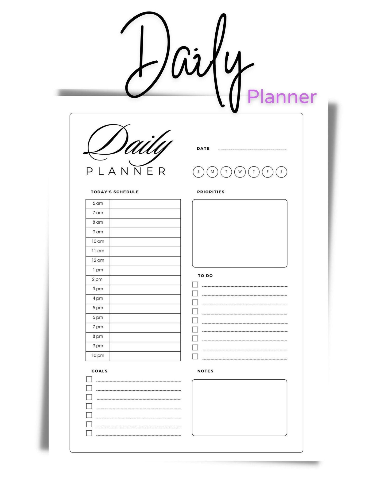 PRINTABLE BLANK DAILY Planner W/ Daily Schedule Goals & Priority | to