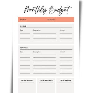May include: A printable monthly budget tracker with sections for income, expenses, and total savings. The tracker has fields for date, description, and amount.