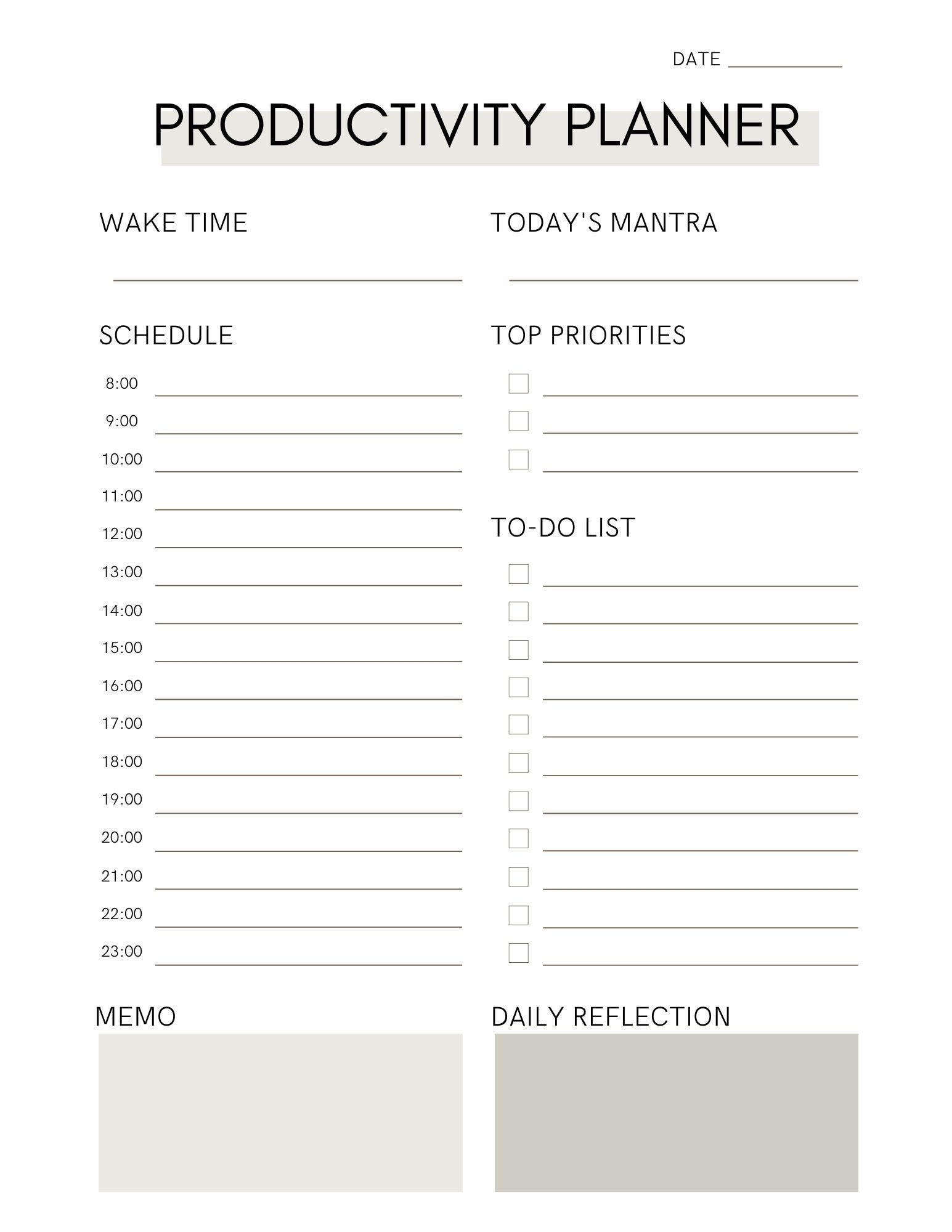 PRINTABLE DAILY PLANNER | Printable Productivity Day Planner for Work ...