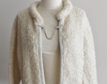 Vintage 50's 60's Winter White Ivory Silver Yarn Collar Snowflake Metallic Mohair Tunic Cardigan Sweater Jumper Bullocks California