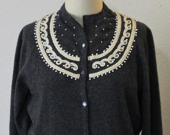 Vintage 50s 1950's Sweater Branell CASHMERE Beaded & Rhineston Dark Grey Cardigan Sweater pinup girl bombshell // US 0 2 4 small