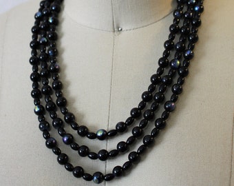 Vintage Black Glass Opalescent Rhinestone Clasp -  3 Strand Choker Necklace / Triple Necklace