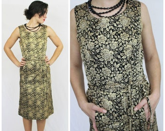 Vintage 50s 1960s Black Gold Metallic lame R & K Originals TAPESTRY Damask Wiggle Cocktail Dress Crop Top Jacket Set // US 6 8 Small Medium