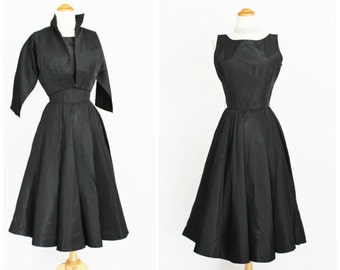 1950s JULIE MILLER Dress California Black Rayon Taffeta Full Circle Swing Dress Matching Crop Bolero Jacket