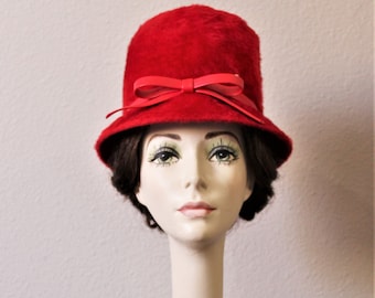 Vintage 60's RED Mohair Angora Wool Fur Bucket Hat with Bow  by MYSTERE