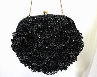 Vintage 1950's WEINSTOCKS Black Beaded Fringe Gold Metal Hinge Handbag Purse Evening Hong Kong