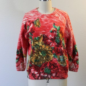 Vintage Darlene Minklam Angelon red floral Abstract Sweater cardigan angora lambswool // Modern Size US 6 8 Small Med image 2