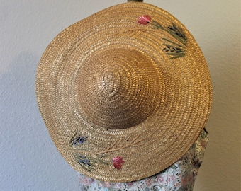 1950s Summer Straw Hat Large Brim sun hat  Made in ITALY with embroidered flowers