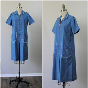 1950s NANCY FROCK House Dress Red White Blue Ric Rack Pocketed Vintage Day Dress // Modern Medium 6 8 // mid century housewife MCM image 2