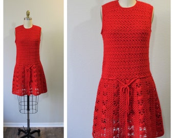 Vintage 1960s Red Hand Crocheted Wool Knit Drop Waist Scooter Dress Mini  // Modern Size US 0 2 4 xs s