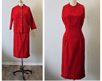 Vintage 1950s 50s Jonathan Logan Red SILK Velvet Wiggle Dress and Jacket  // Modern Size US 0 2 4 xs Small