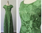 Vintage 50's 60's Peridot Green Satin Damask Brocade Maxi Empire Fitted Dress Hollywood Audrey Hepburn