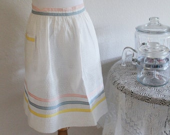 Vintage 40s 50&#39;s Mid Century Housewife Bombshell White Swiss Dot Ribbon pink blue yellow Hostess Kitchen Serving Apron