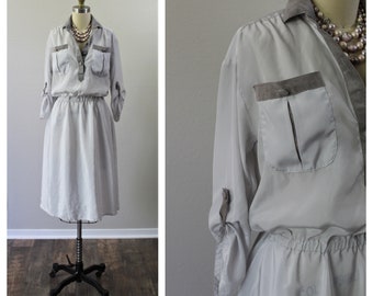 Robe LILLI ANN des années 1970 San Francisco gris clair robe ample retroussée à manches boutonnées / moderne petite moyenne US 4 6 8