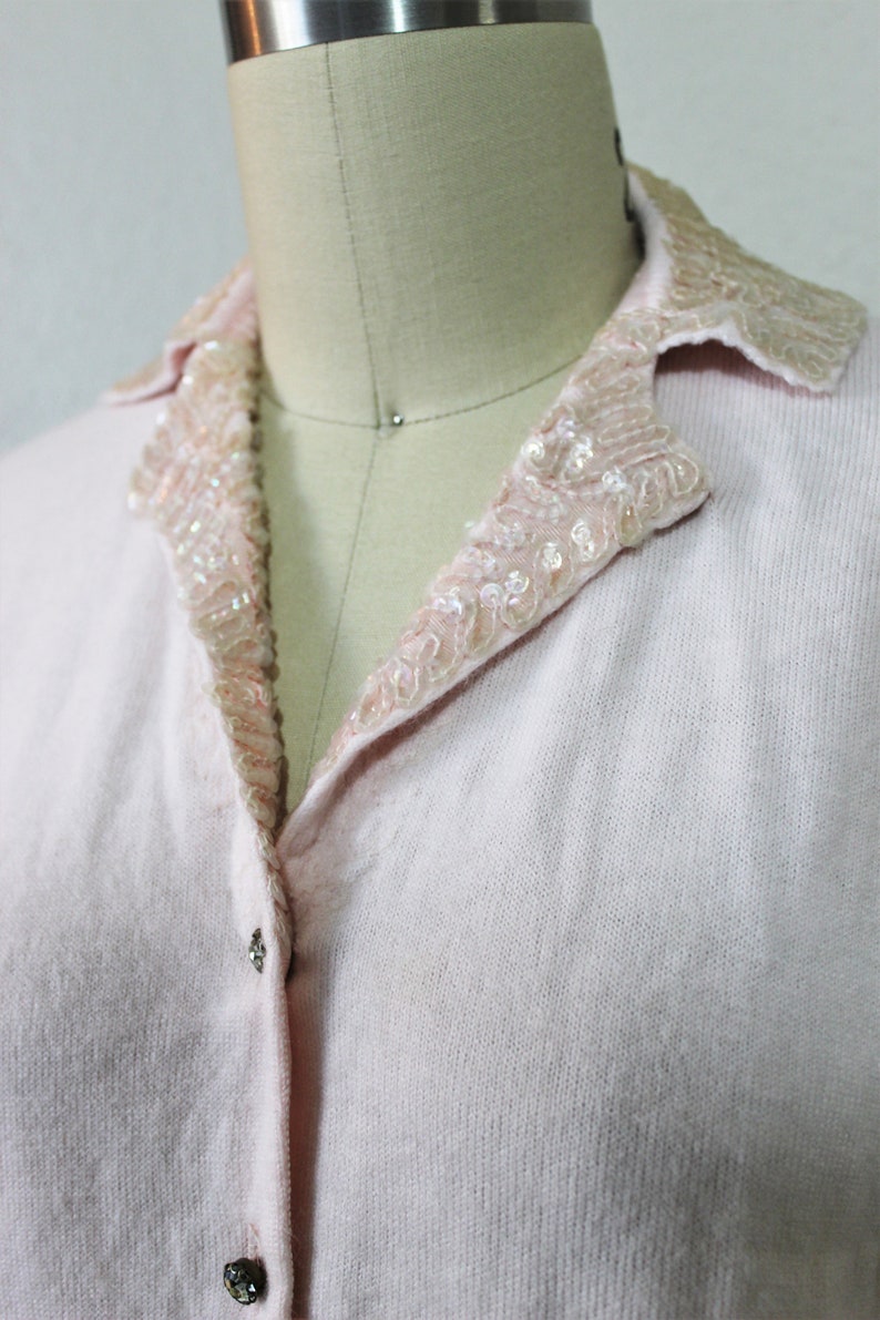 Vintage 1950s 60s Rosanna Light Pink Beaded Collar Cardigan Orlon Pinup Sweater Rhinestone Buttons // Modern Size US 2 4 6 8 Small Med image 8