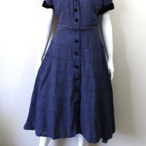 Vintage 40s 1950s Dress / 50s Blue Textured Tiered Day Dress Black Rayon Velvet Trim Button Down // Modern US 6 8 10 Medium Large image 8