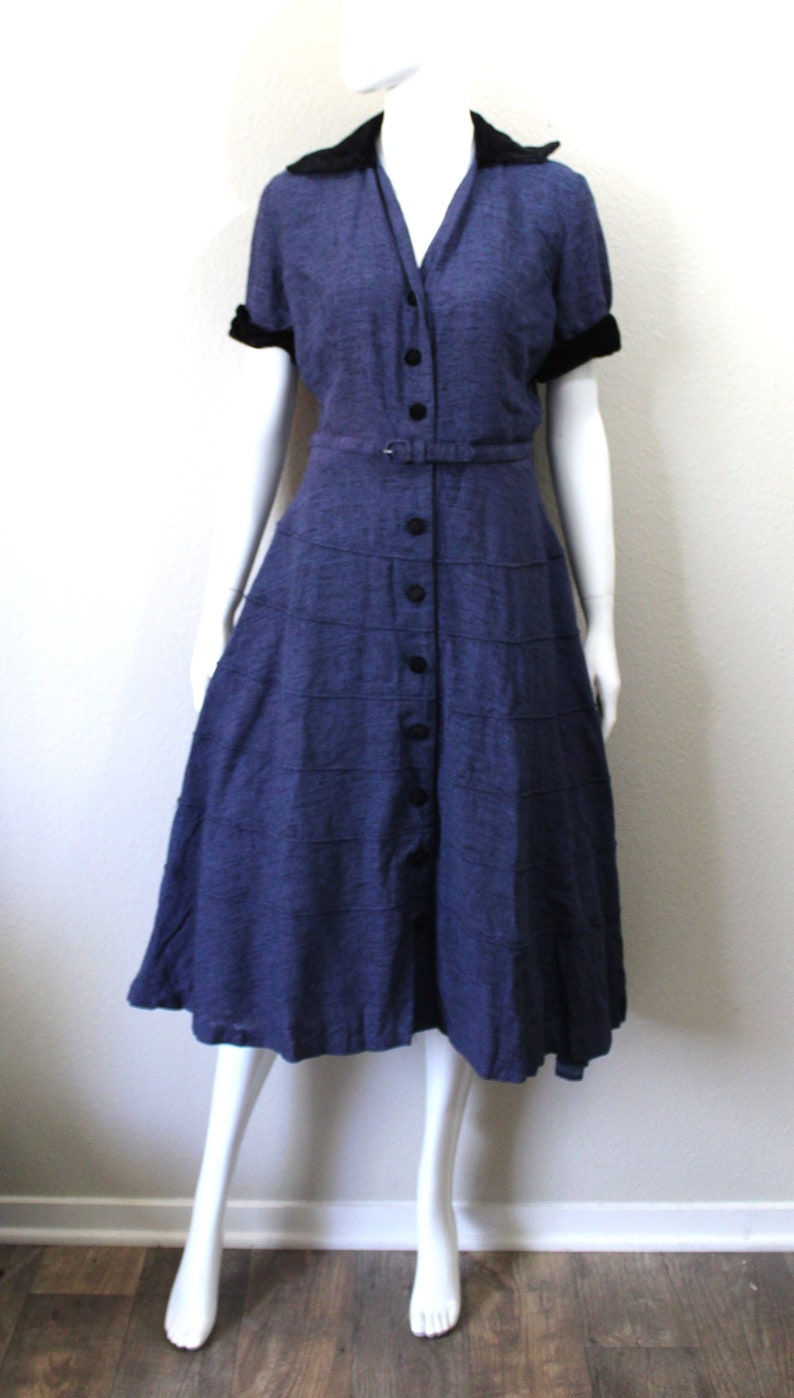 Vintage 40s 1950s Dress / 50s Blue Textured Tiered Day Dress Black Rayon Velvet Trim Button Down // Modern US 6 8 10 Medium Large image 8