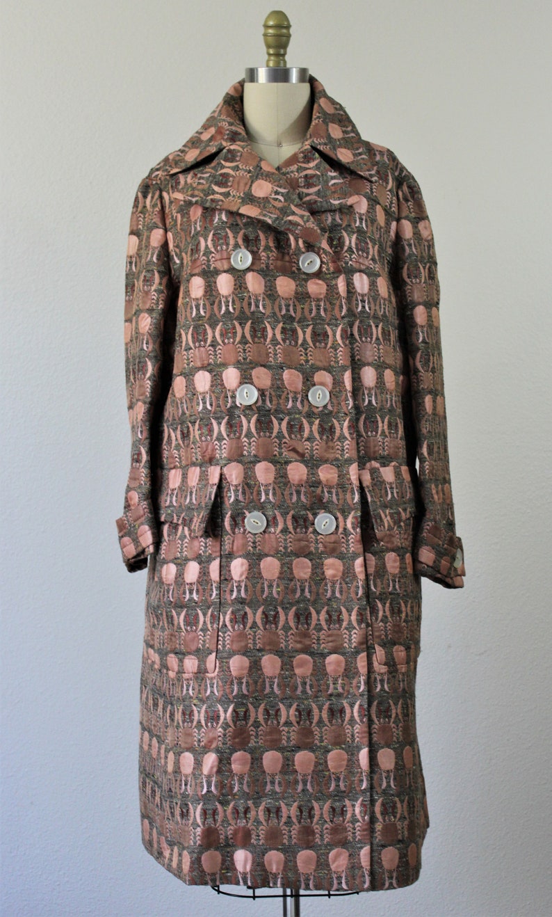 Vintage 1960s Custom Woven Wool Confetti SILK Tapestry Coat Carmel By the Sea California Sand Crabs Lobsters US 8 10 Medium Large