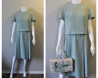 1960s I MAGNIN Dress California Blue white woven wool Dress button back box pleat skirt // Modern Size S M  6 8 // Mid Century Modern MCM