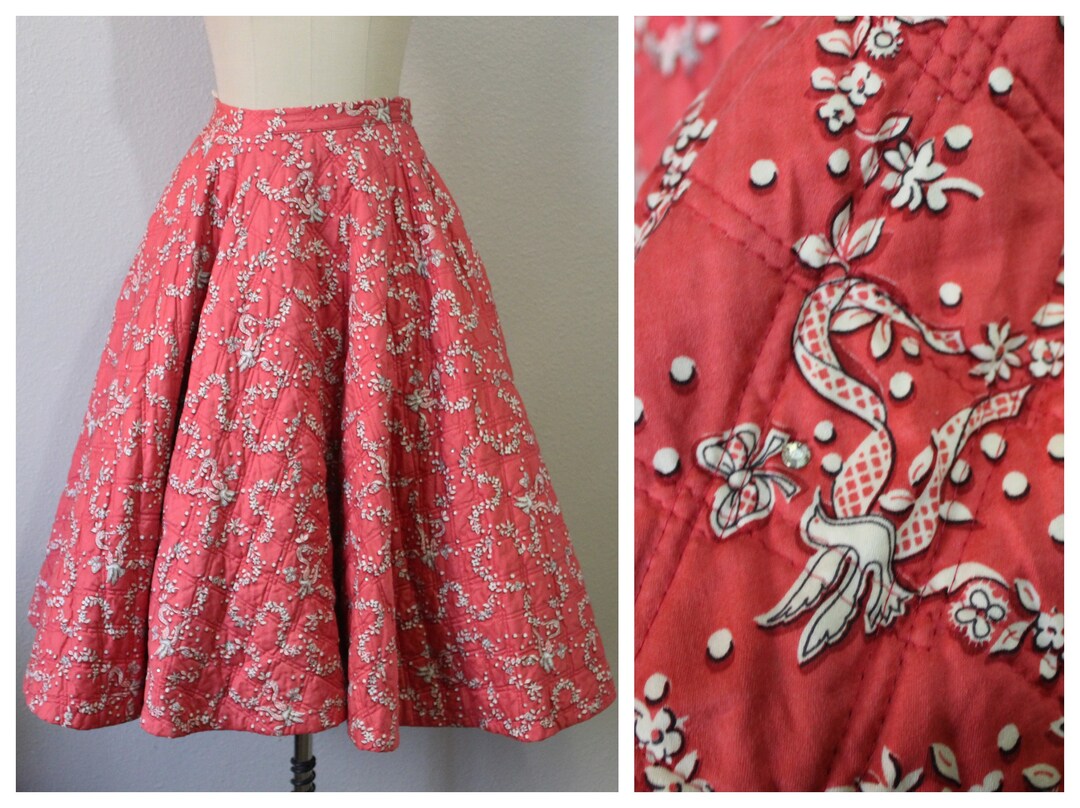 50s Circle Skirt / Vintage 1950s Alex Coleman California Quilted Pink