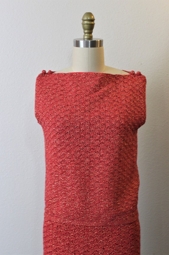 Vintage 60s Coral Red Gold Metallic Hand Knit cro… - image 5