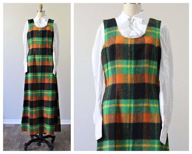 Vintage 1960s 70s Bold Orange Green Black Plaid Floor Length Jumper Dress Maxi Modern Size s med 6 8