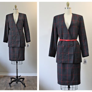 Vintage 80&#39;s NWT Gray Red Large Square Stripe Wool Skirt Tailored Double Breasted Long Jacket Suit // US 6 8 Small Med