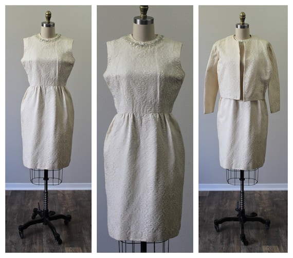 1960s JONATHAN LOGAN Dress Ivory Damask brocade D… - image 1