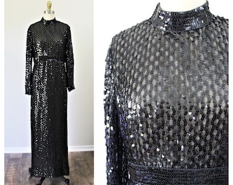 Vintage 1950s 60&#39;s Marilyn Hollywood Red Carpet Showgirl Silk Illusion Sequin Maxi Dress MARDI GRAS New York Couture // US 6 8 Medium